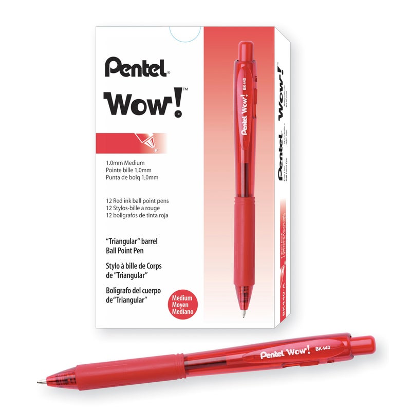 Pentel قلم حبر جاف قابل للسحب من بنتل Wow!، (1.0 مم)، خط متوسط، حبر أحمر، علبة من 12 (BK440-B) - Image 1